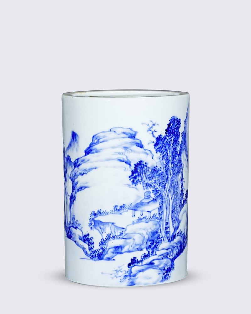 民国 青花写意山水纹笔筒