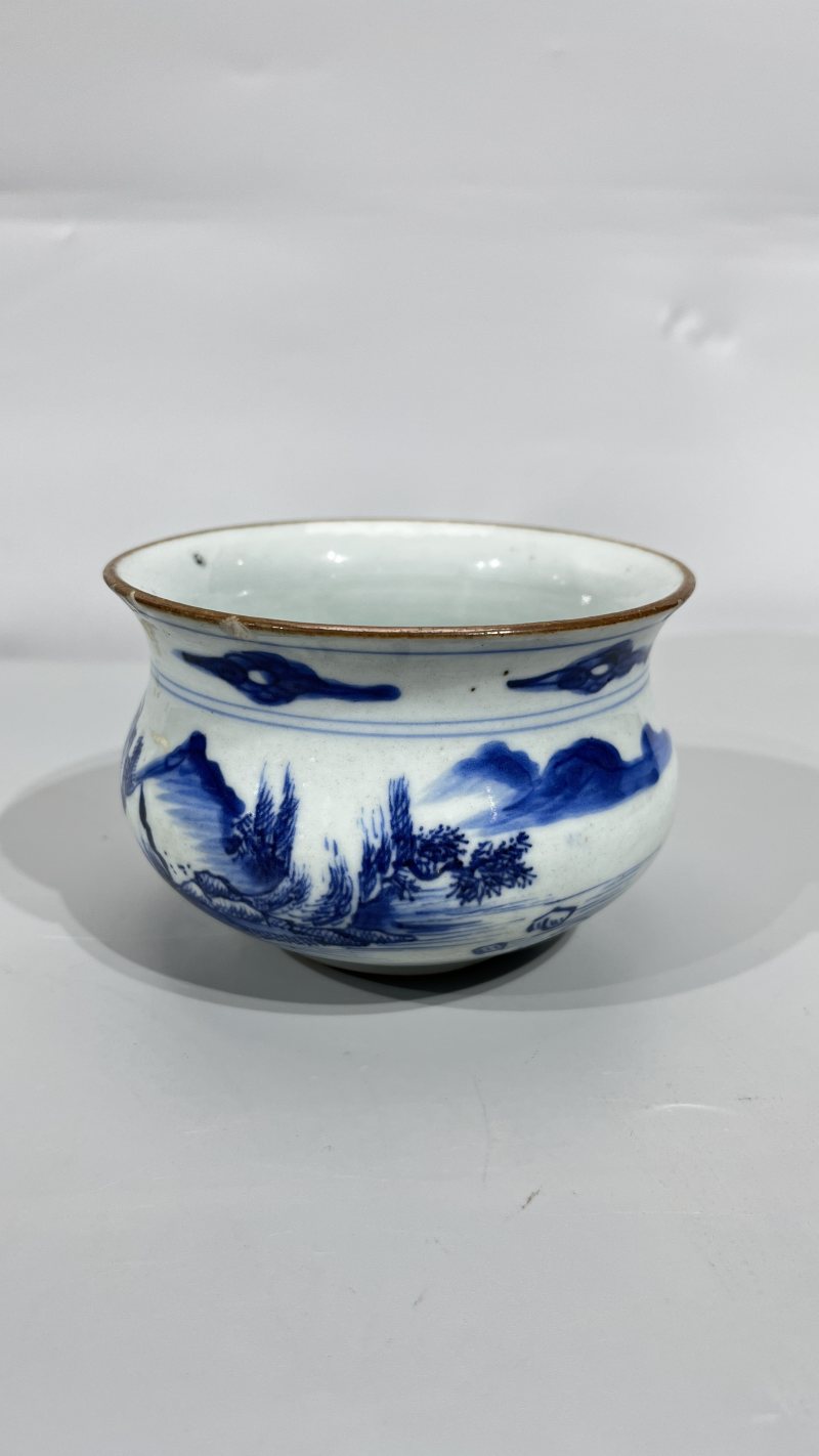 清早期 青花山水人物纹香炉 - 图4