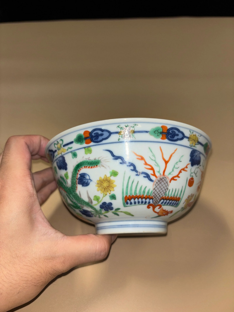清道光 青花五彩龙凤纹碗 - 图5