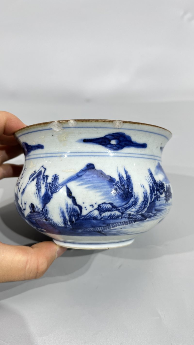 清早期 青花山水人物纹香炉 - 图5