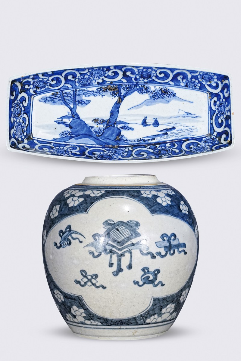 清 青花山水人物纹船洗、清 青花冰梅开窗博古纹罐（一组）