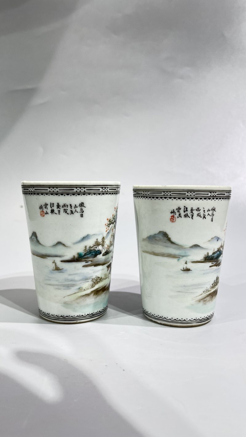 民国 汪云山 新粉彩山水人物杯一对 - 图3