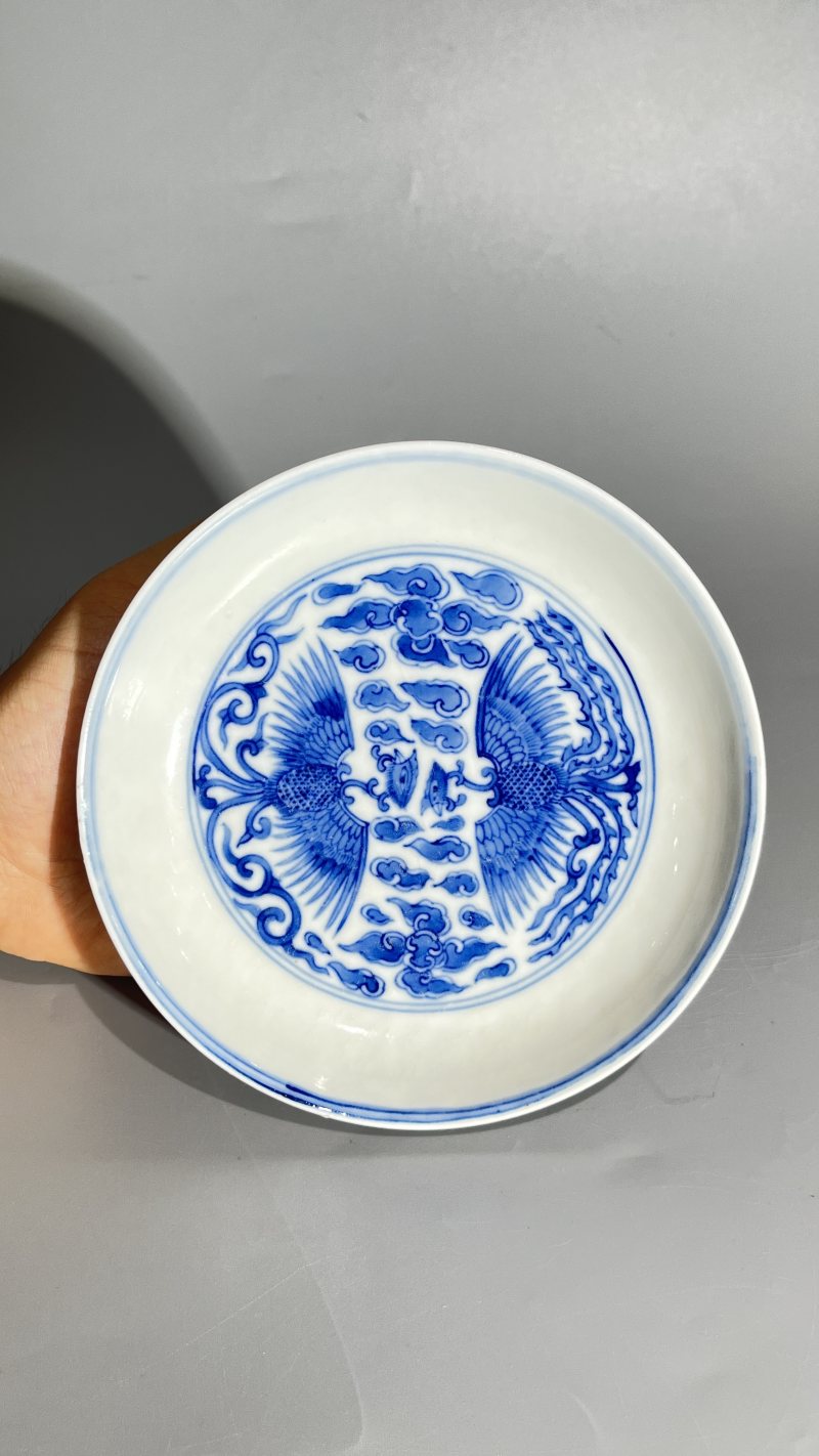 清 青花对头凤纹盘 - 图2