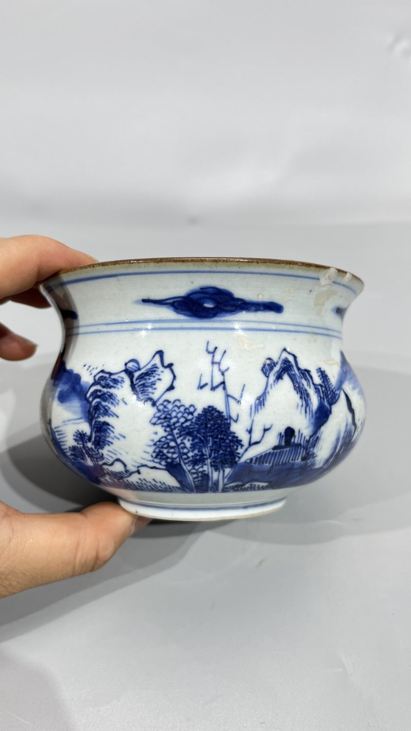 清早期 青花山水人物纹香炉 - 图6