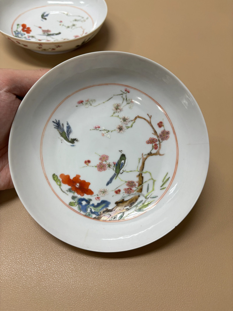 清乾隆 粉彩花鸟纹盘一对 - 图2
