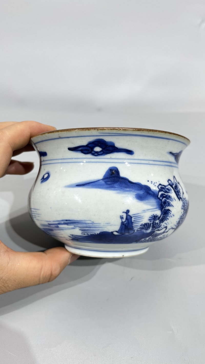 清早期 青花山水人物纹香炉 - 图7