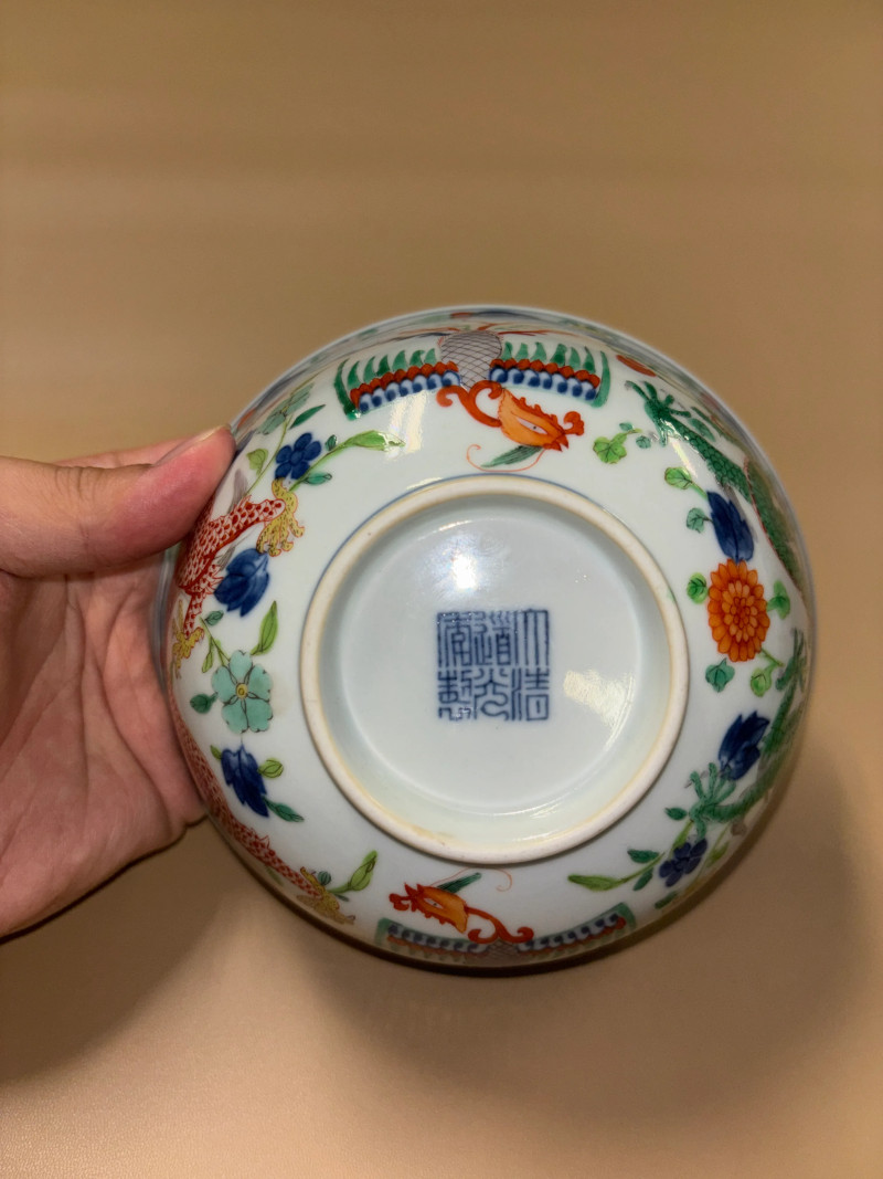 清道光 青花五彩龙凤纹碗 - 图8
