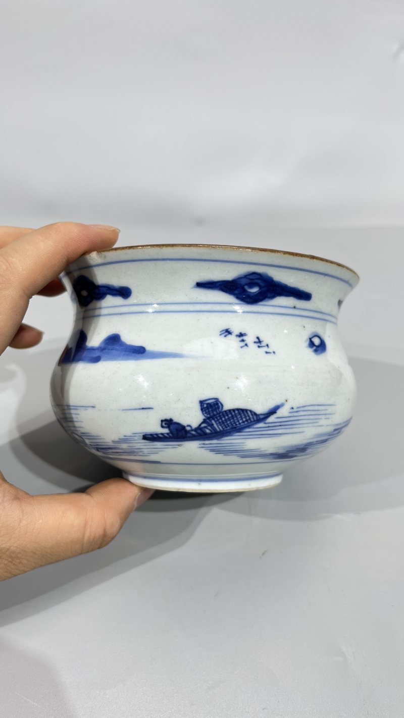 清早期 青花山水人物纹香炉 - 图8