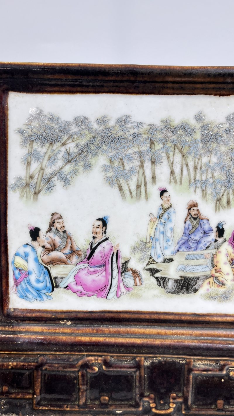 民国 新粉彩竹林七贤插屏 - 图4