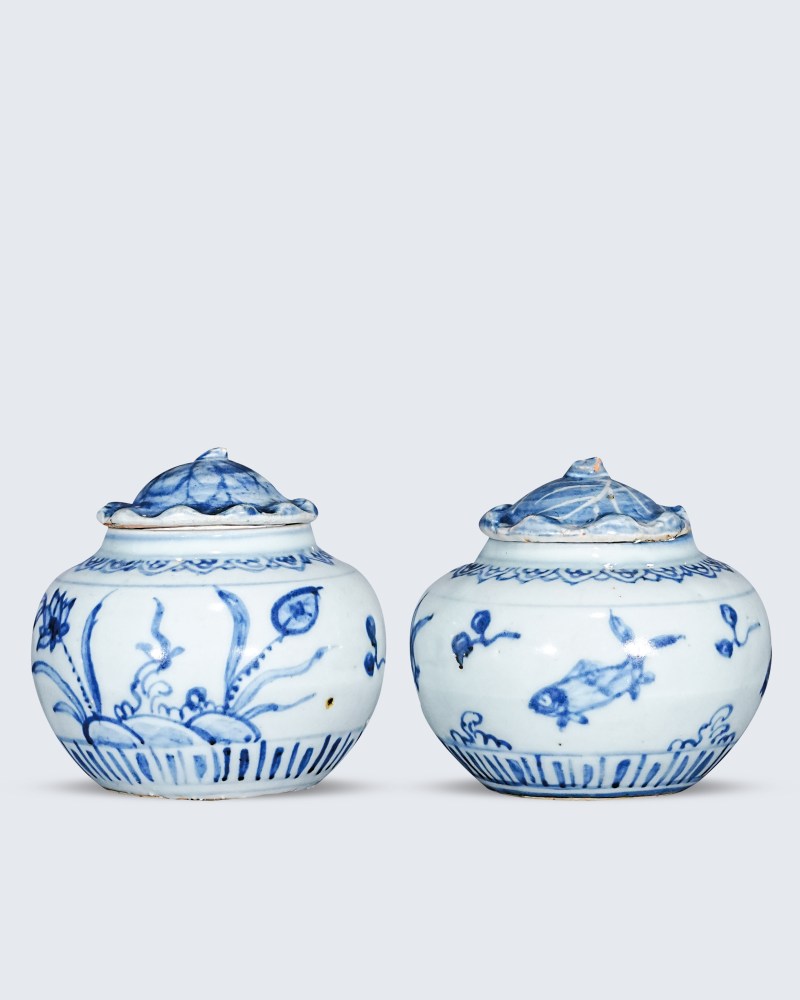 明中期 青花鱼纹、莲花纹盖罐（一组）