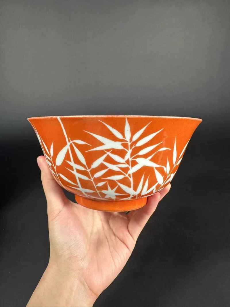 清光绪 珊瑚红地留白竹节纹碗 - 图4
