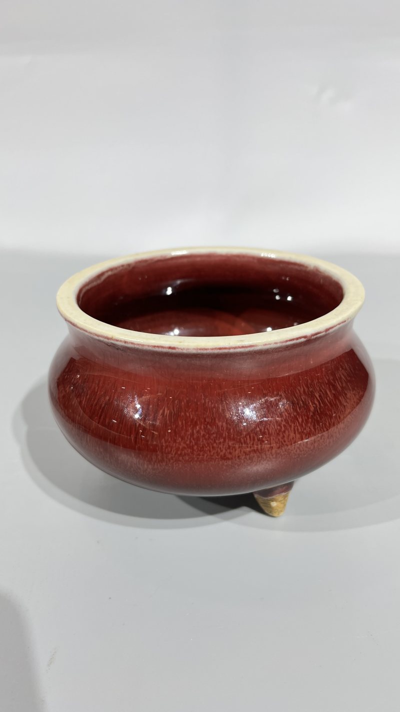 清康熙 郎红釉三足炉 - 图4
