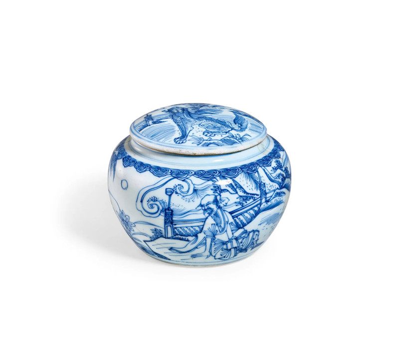 明万历 青花铁线描高士图围棋罐