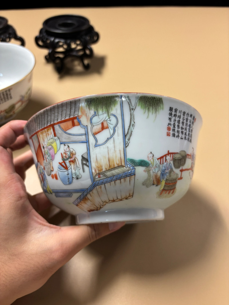 清道光 粉彩耕织图大碗一对 - 图3
