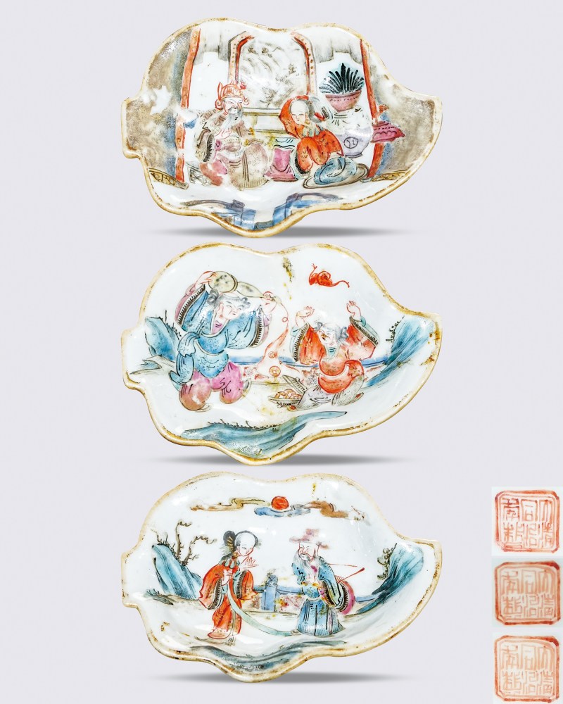 清 粉彩人物叶形笔掭（一组）