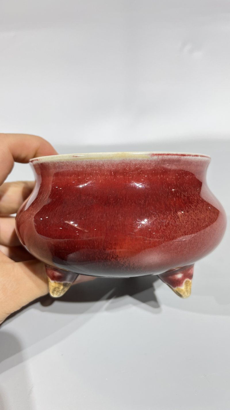 清康熙 郎红釉三足炉 - 图6