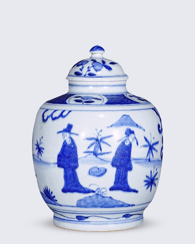 明 青花高士人物纹盖罐