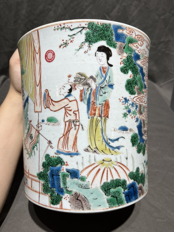 清早期 五彩人物故事图大笔筒 - 图5