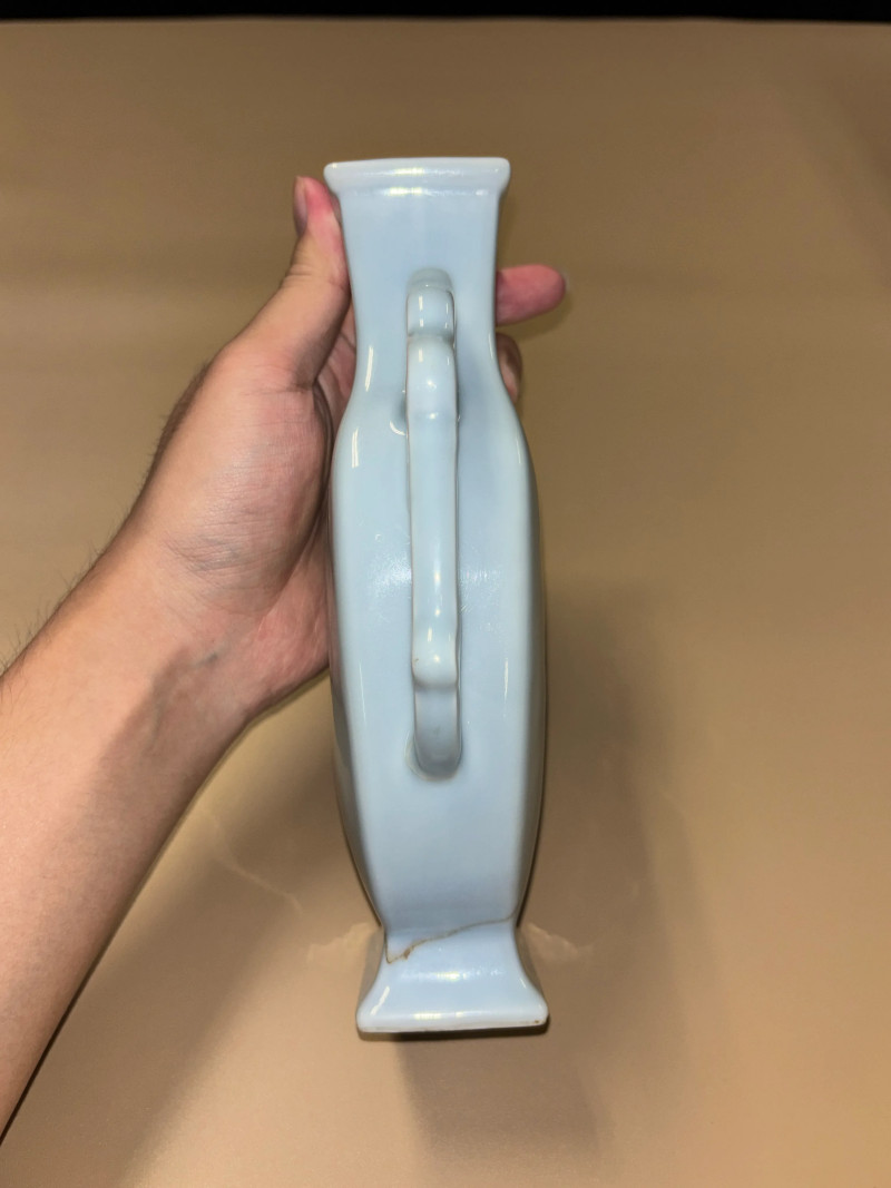清晚期 天蓝釉铺首尊、天蓝釉夔龙纹双耳瓶一组两件 - 图3