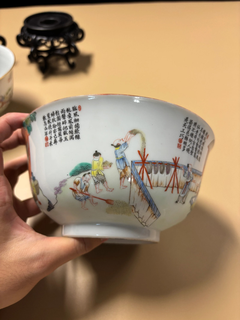 清道光 粉彩耕织图大碗一对 - 图6