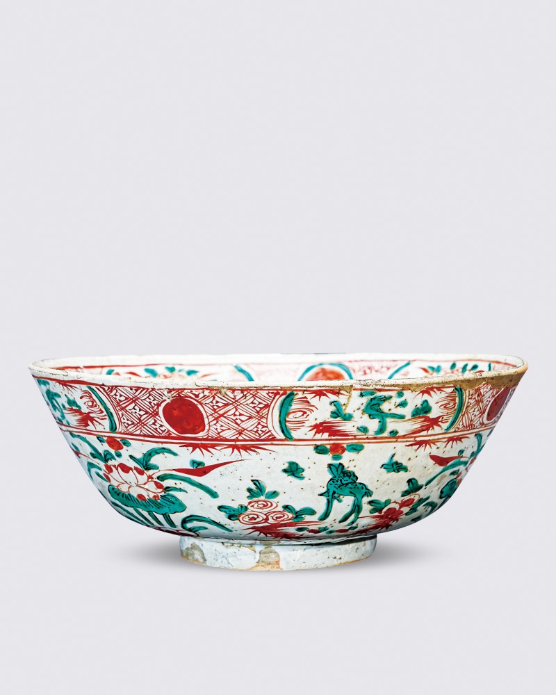 明中早期 红绿彩花鸟鹿纹大碗