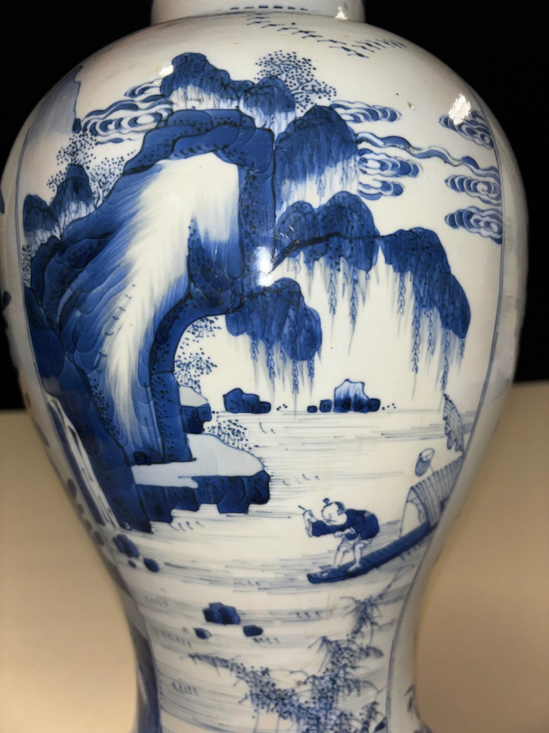清康熙 青花山水人物故事图观音瓶 - 图9