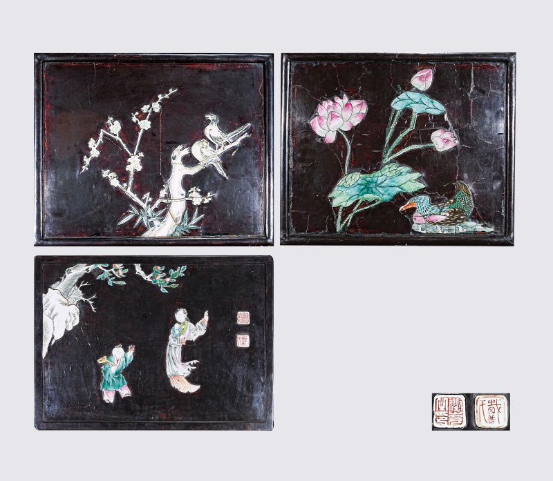 清 漆器嵌人物花鸟瓷挂屏（一组）