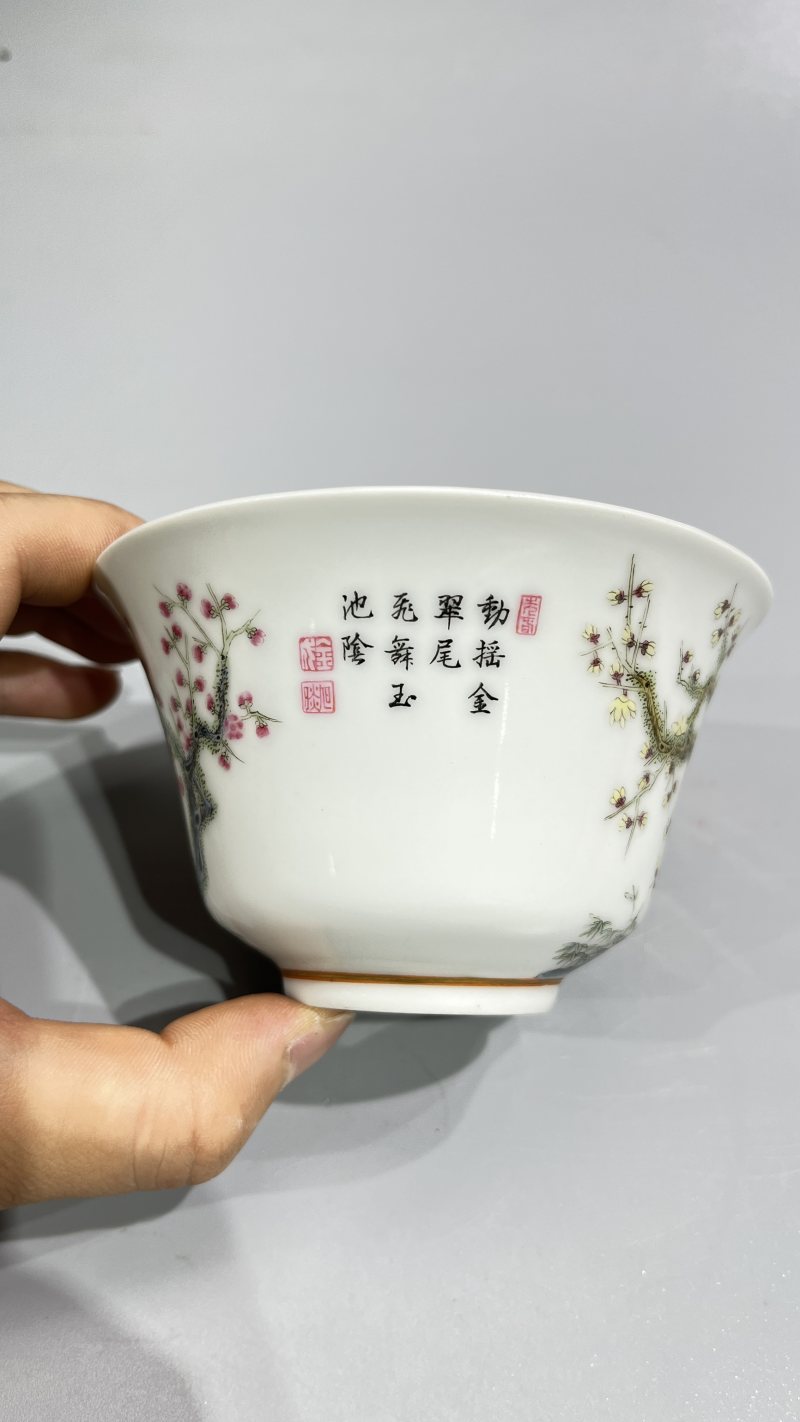 民国 珐琅彩孔雀御题诗文茶圆 - 图6