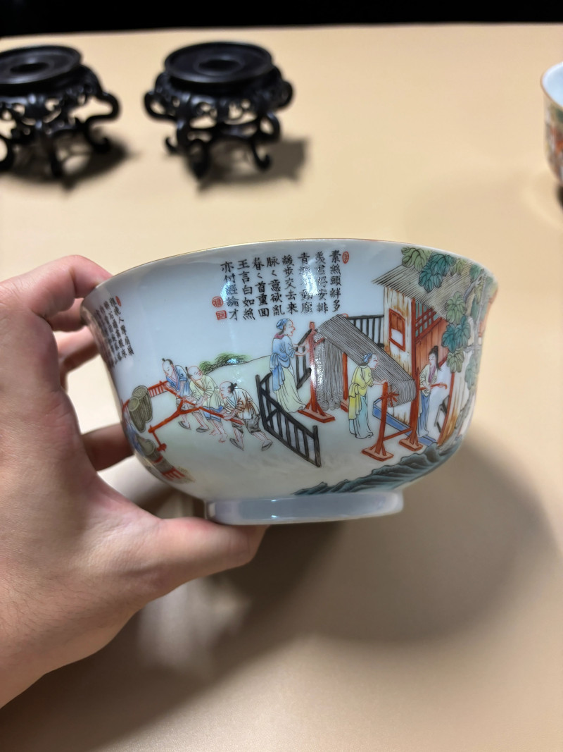 清道光 粉彩耕织图大碗一对 - 图13