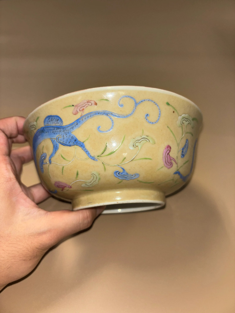 清道光 米黄地粉彩灵芝草龙纹碗 - 图3