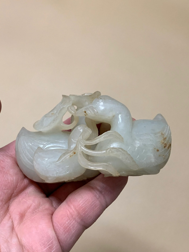 清 白玉荷花鸳鸯如意摆件 - 图2