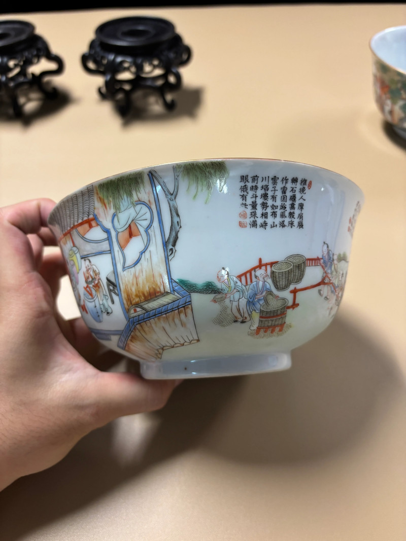 清道光 粉彩耕织图大碗一对 - 图12