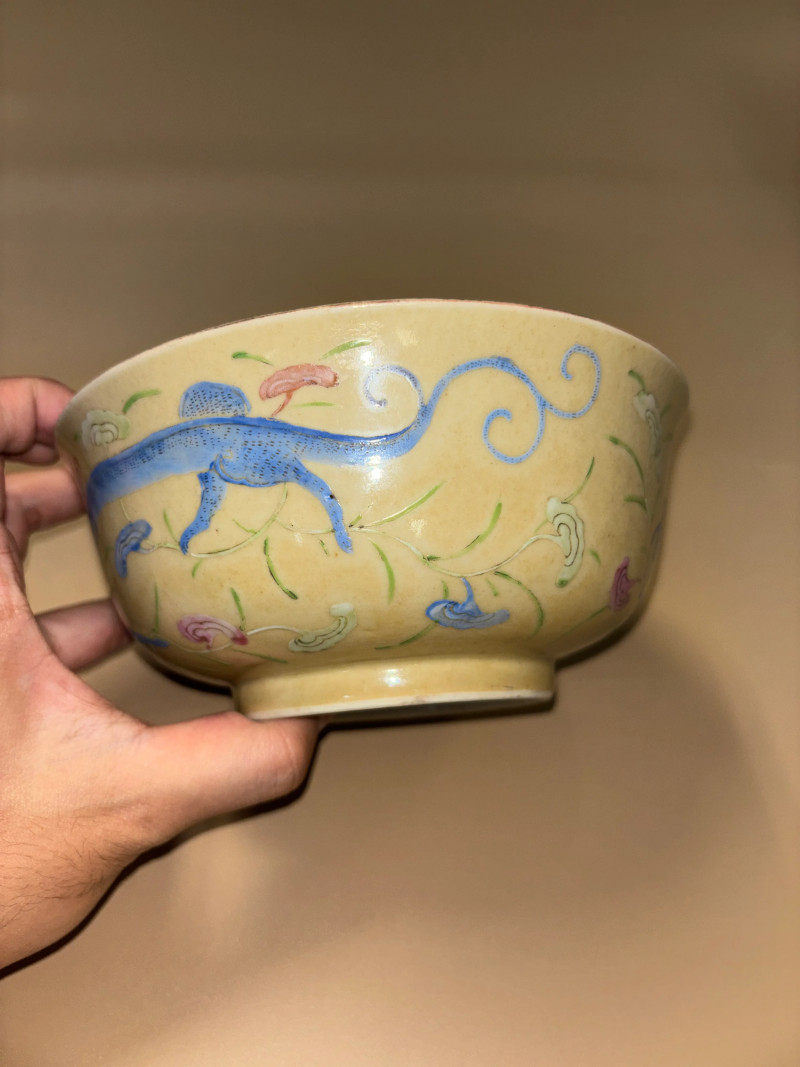清道光 米黄地粉彩灵芝草龙纹碗 - 图5