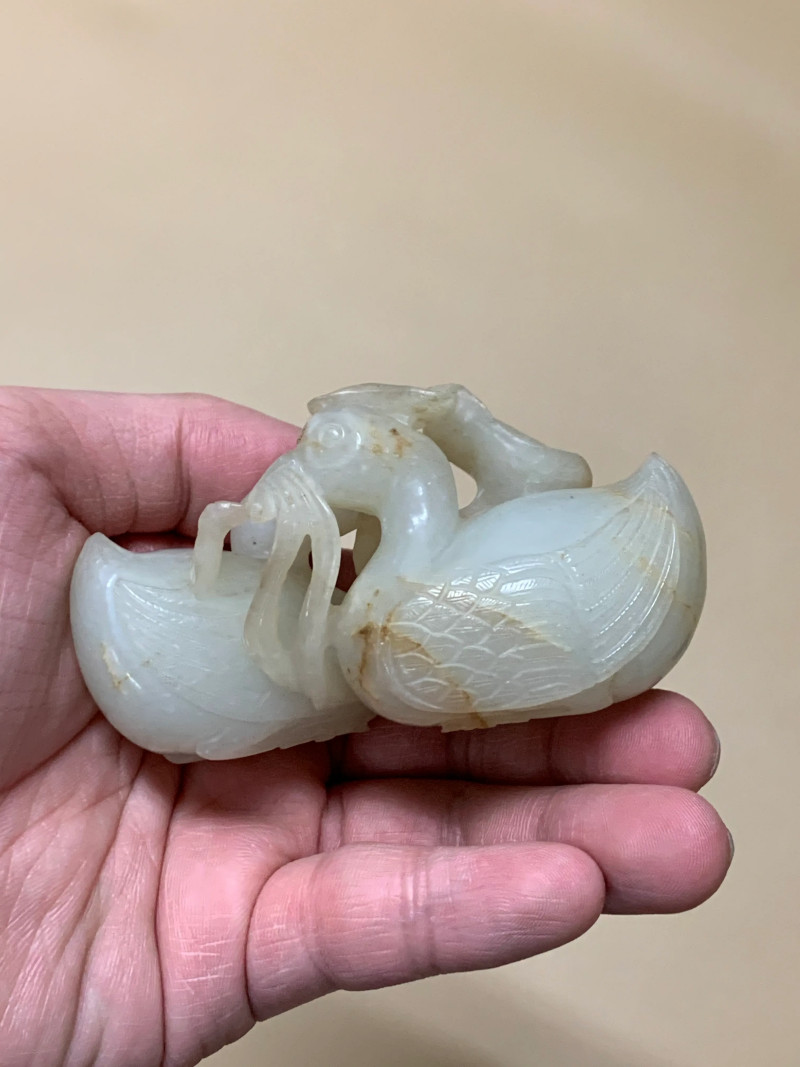 清 白玉荷花鸳鸯如意摆件 - 图4