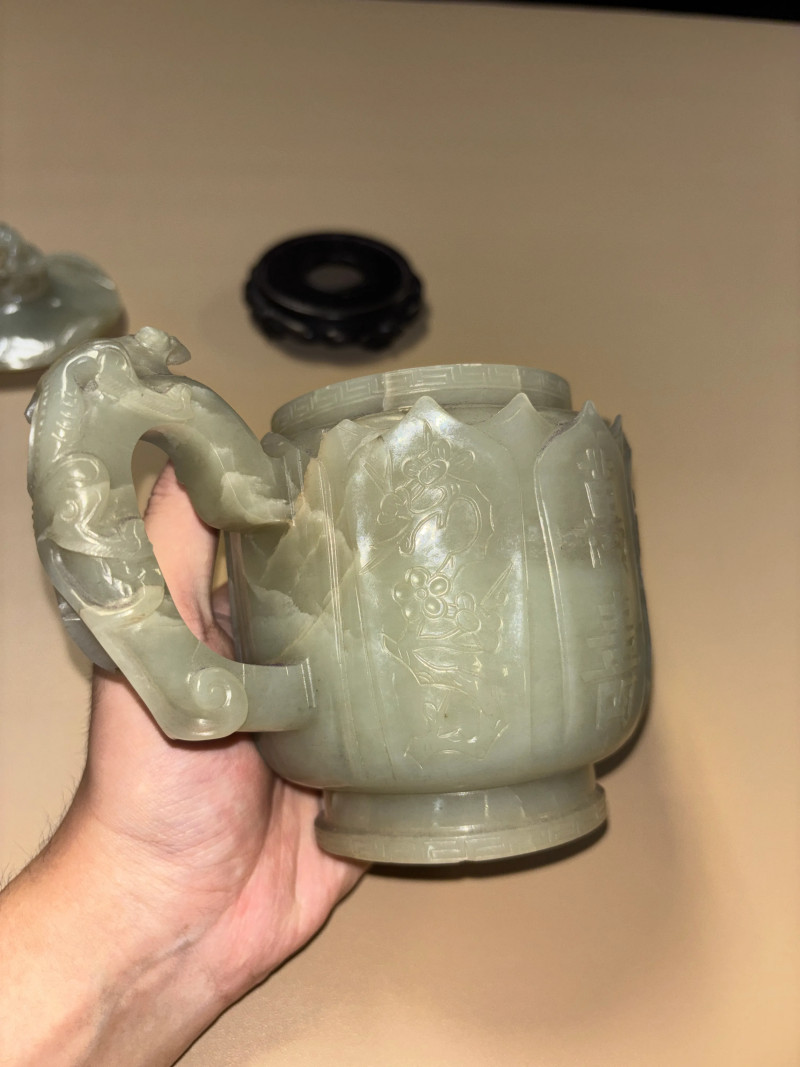 明 白玉万寿纹莲花式执壶 - 图5