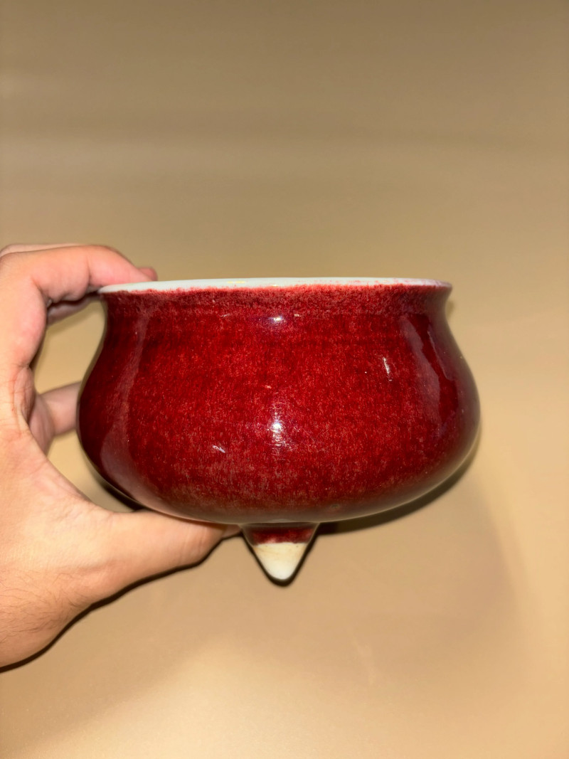 清康熙 郎窑红釉三足炉 - 图2