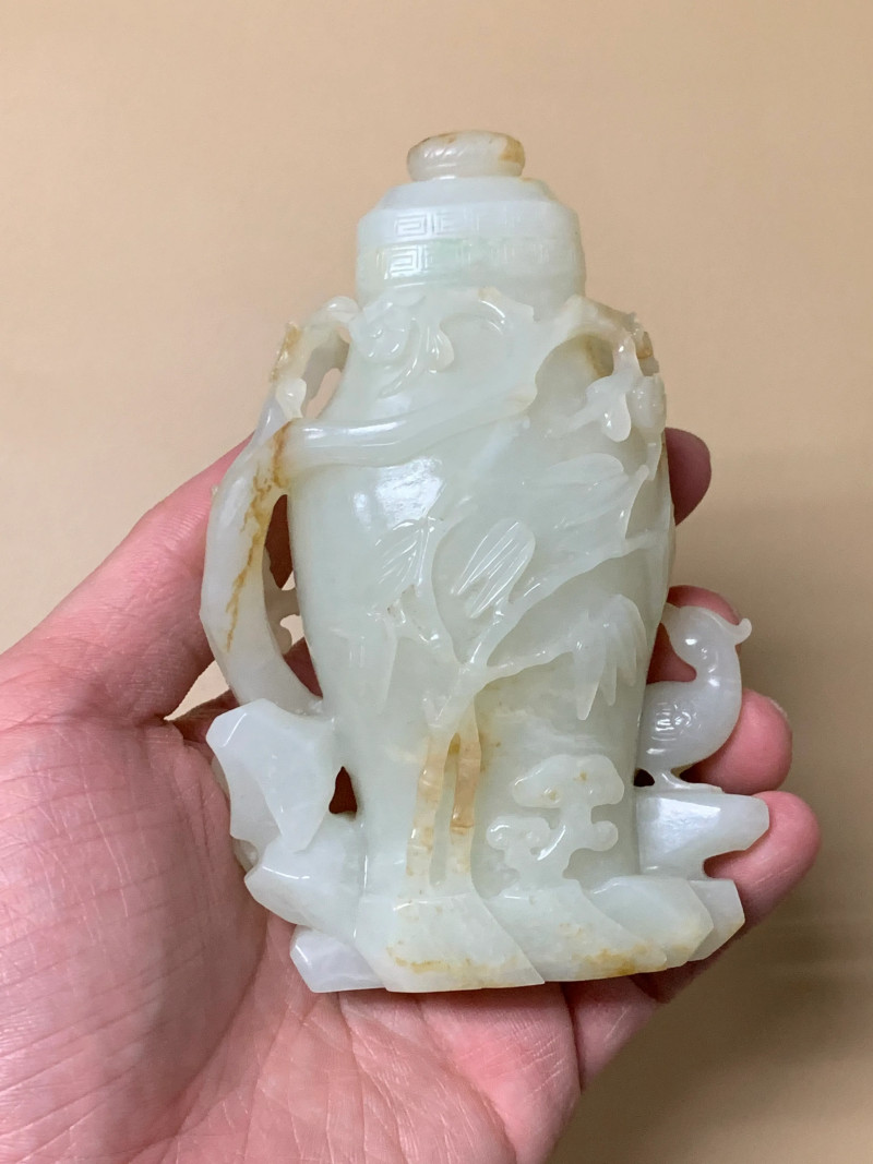 清 白玉凤鸟纹带盖宝瓶 - 图4