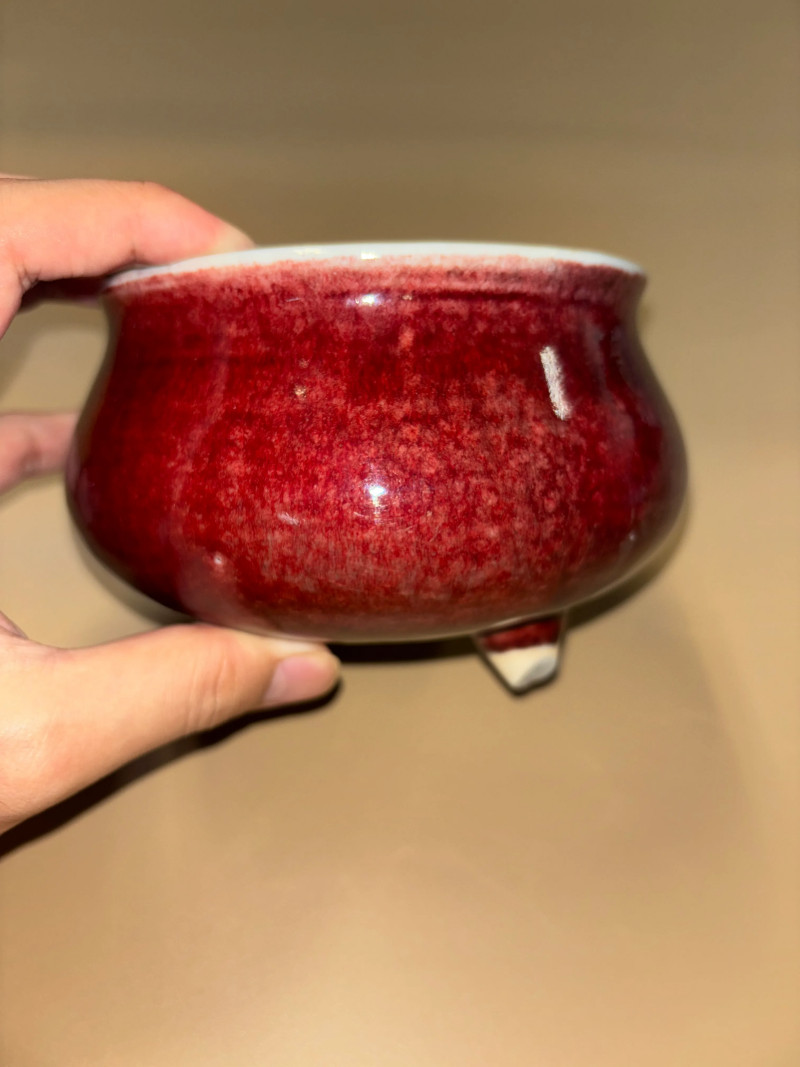 清康熙 郎窑红釉三足炉 - 图5
