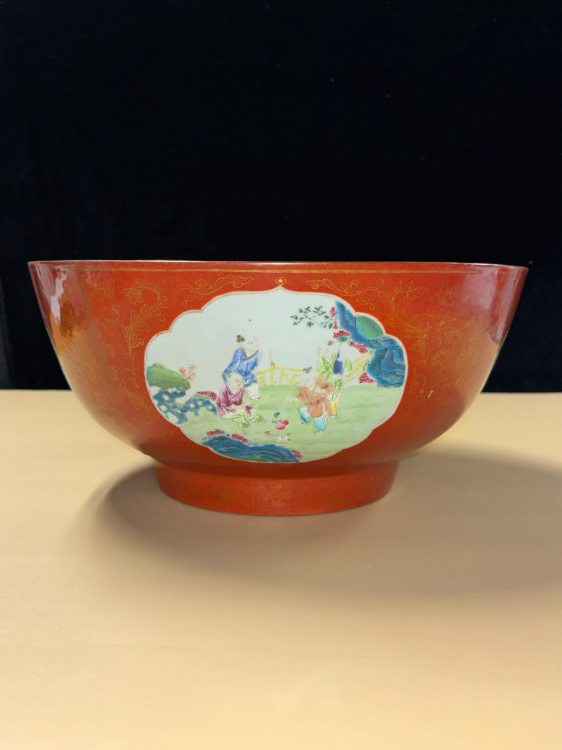 清乾隆 珊瑚描金开光婴戏图大碗 - 图3
