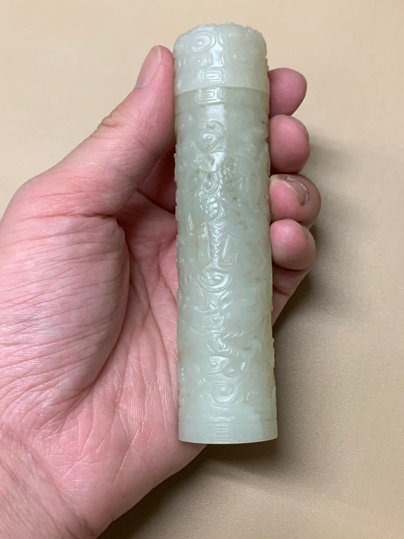 清 双龙云纹带盖玉香筒一对 - 图3