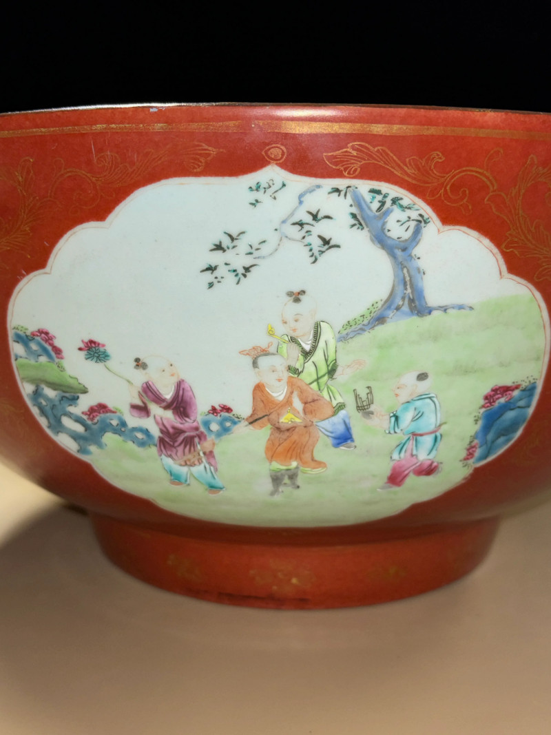 清乾隆 珊瑚描金开光婴戏图大碗 - 图10