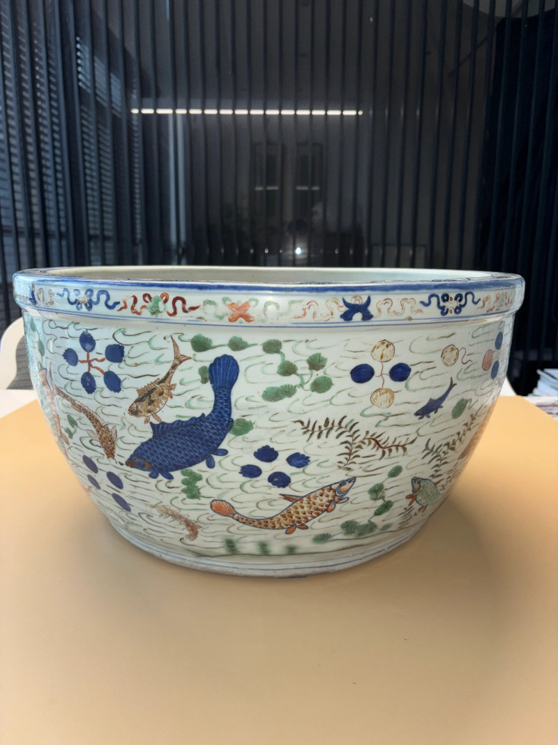明万历 青花五彩在川知乐鱼藻纹大缸 - 图4