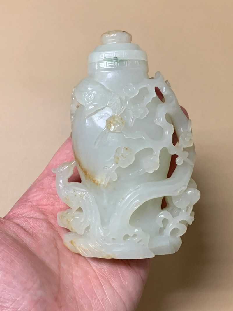 清 白玉凤鸟纹带盖宝瓶 - 图2