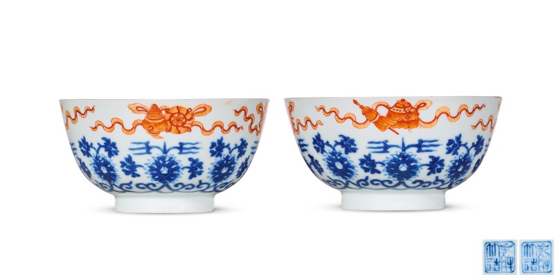 清道光 “嶰竹造”青花矾红莲托八宝茶圆一对