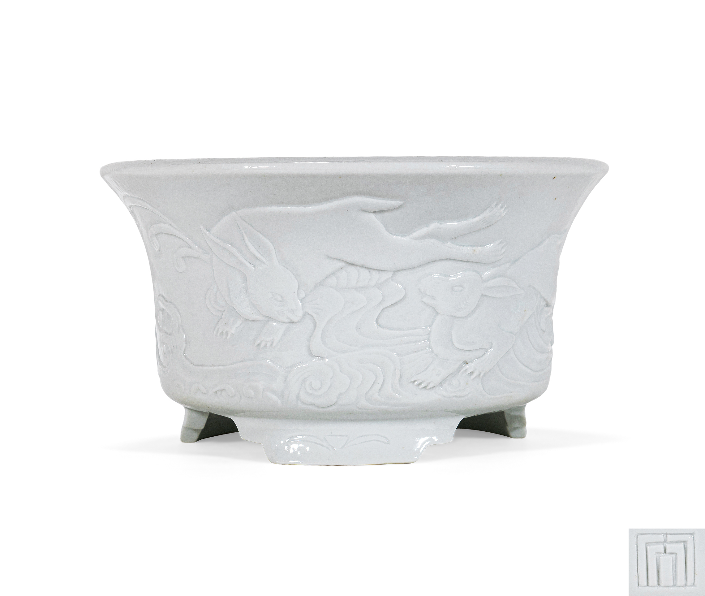 中国美術　琉璃釉白花南天牡丹文大鉢　直径約39cm 古美術 19世纪 白釉剔刻“扑朔迷离”双兔纹花盆-多宝古瓷宝典