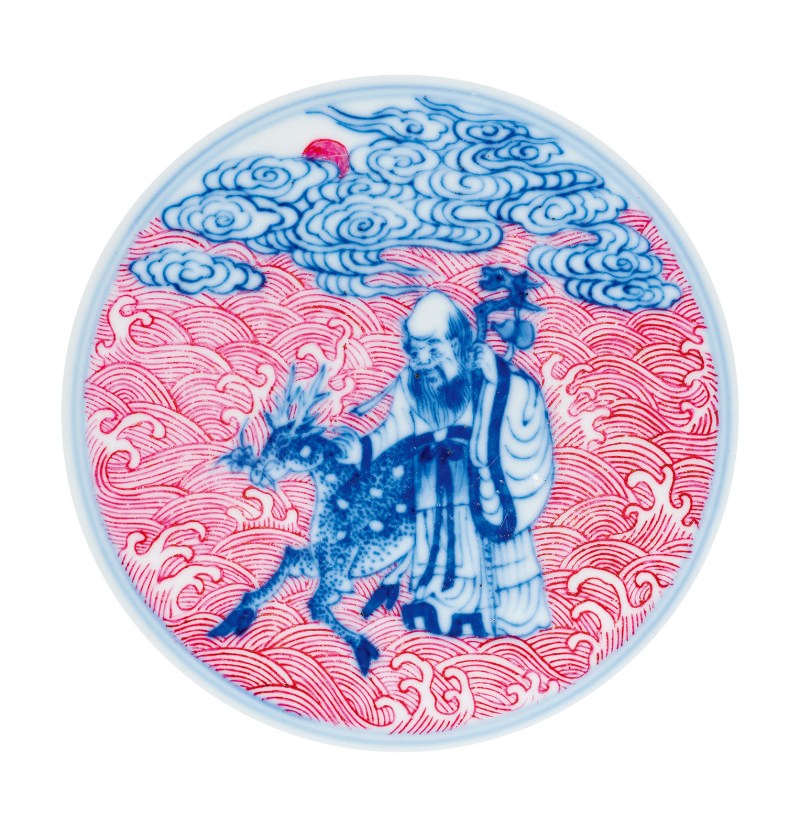 清道光 青花胭脂红彩八仙人物纹碗 - 图2