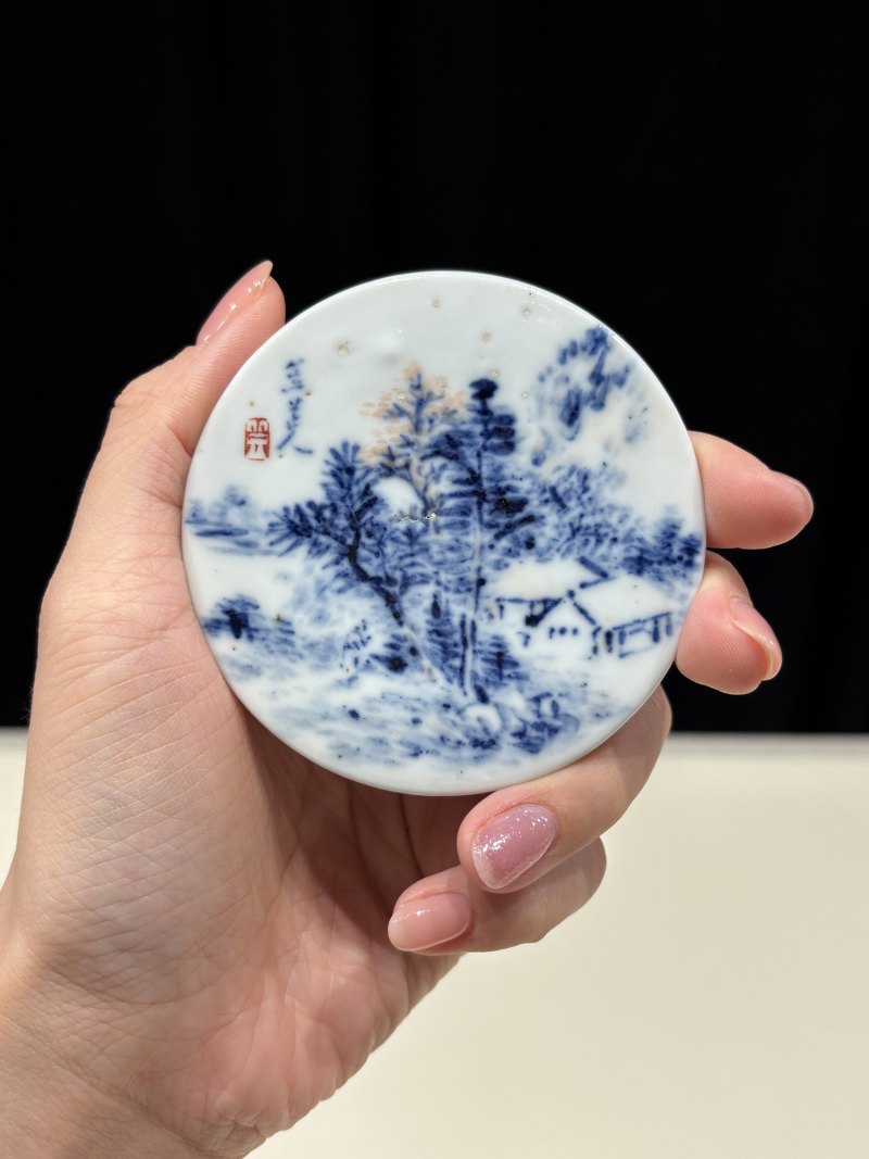 清光绪 程门款青花矾红雪景山水图小印泥盒 - 图5
