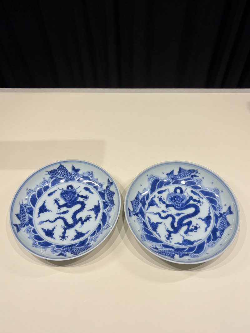 清雍正 青花鱼化龙纹盘一对 - 图2