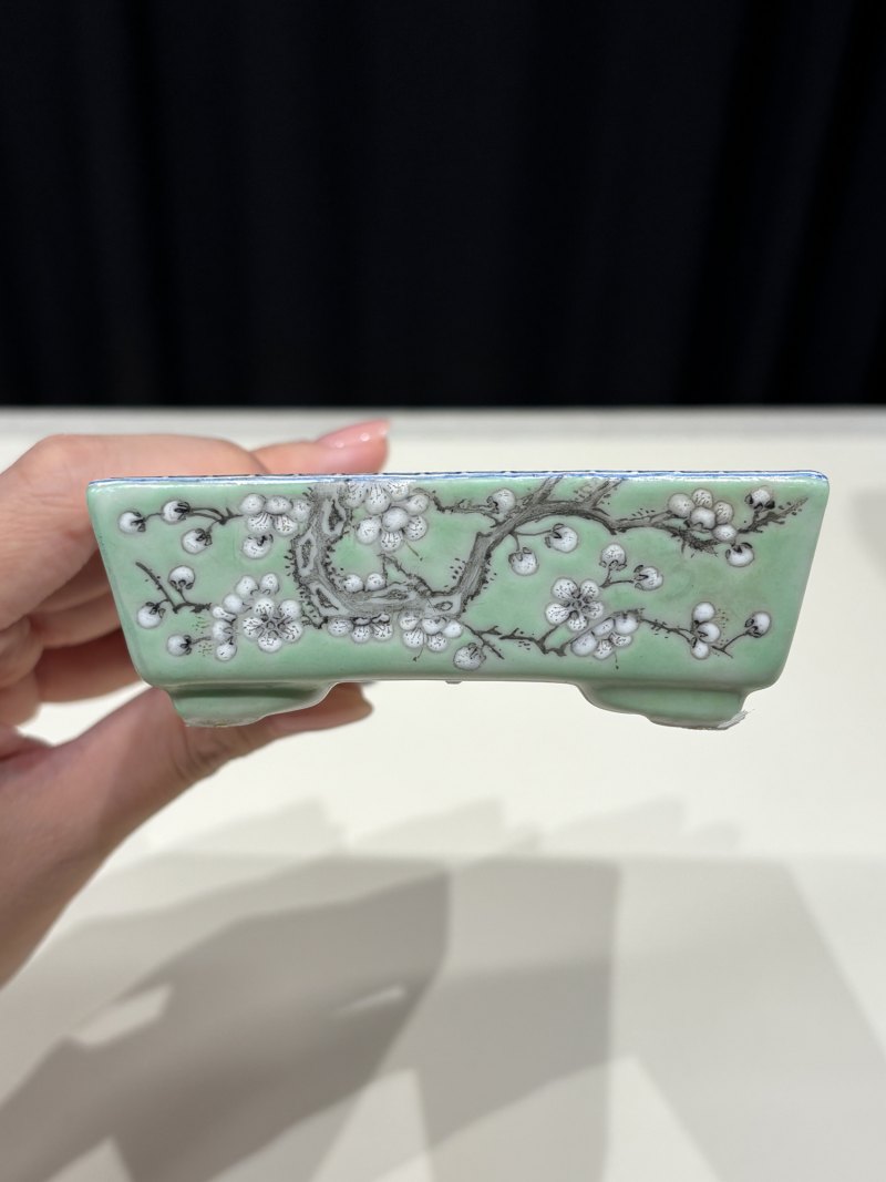 清光绪 绿地墨彩大雅斋花鸟纹方形花盆及盆托 - 图5