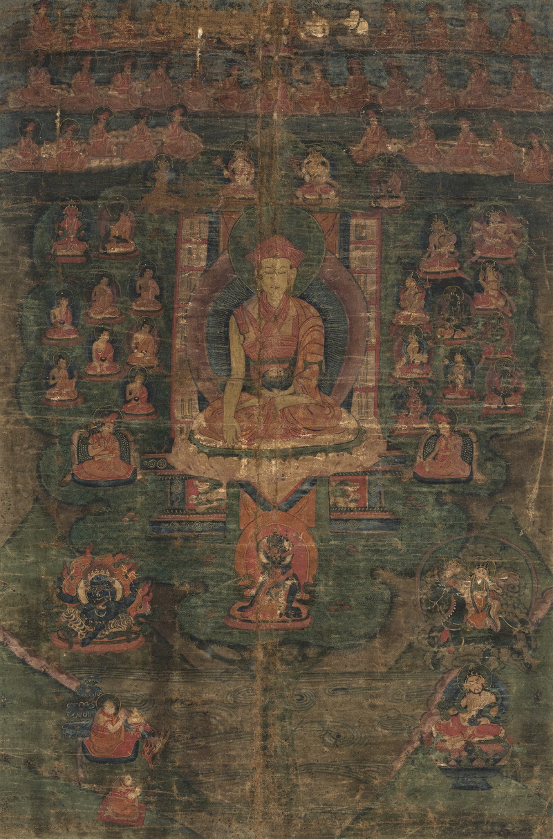 Thangka of a lama surrounded by numerous figures